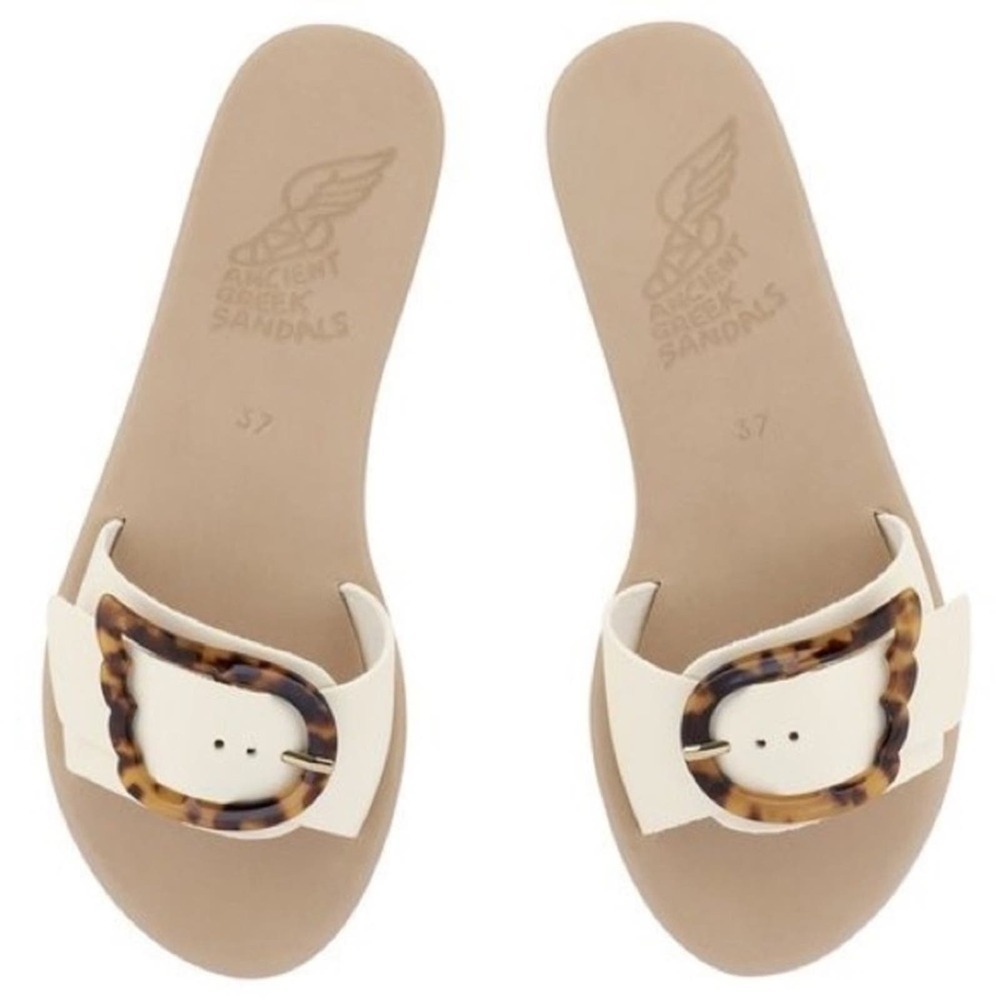 Ancient Greek Sandals Cream Slide Sandals with Tortoiseshell Buckle